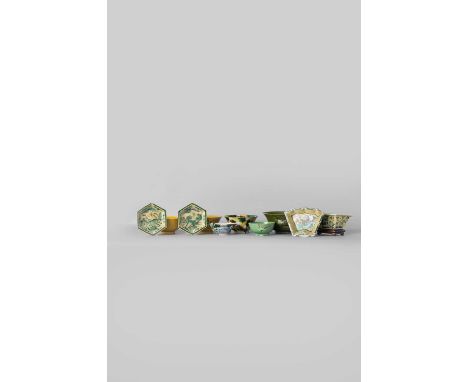 A COLLECTION OF NINE CHINESE YELLOW AND GREEN-GLAZED WARESKANGXI 1662-1722Comprising: a famille verte libation cup with appli