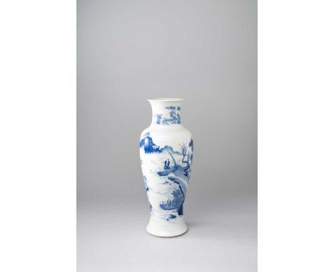 A CHINESE BLUE AND WHITE KANGXI-STYLE 'LANDSCAPE' VASEMODERNPainted with a continuous scene of five fishermen working on rock