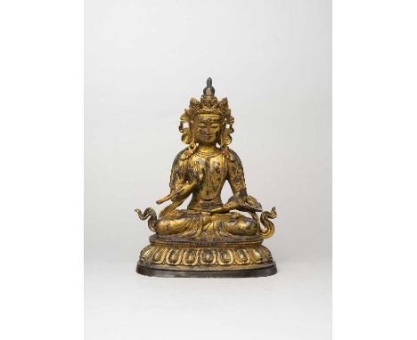 A CHINESE GILT-LACQUERED BRONZE FIGURE OF A BODHISATTVA PROBABLY 20TH CENTURYSeated in dhyanasana with the torso encircled by