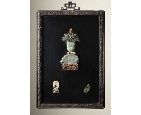 λ λ A CHINESE INLAID LACQUER PANELLATE QING DYNASTYSet with jade, hardstones, painted ivory, coral and wood on a black lacque