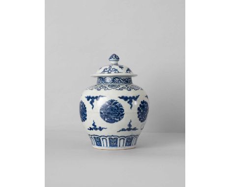 A CHINESE BLUE AND WHITE 'FLOWERS' JAR AND COVERJIAJING OR LATERThe body painted with six roundels enclosing peony, camellia,
