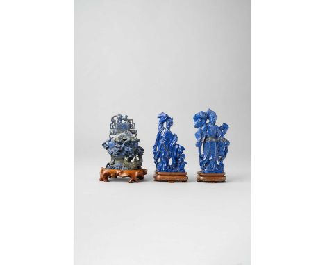 THREE CHINESE LAPIS LAZULI ITEMSLATE QING DYNASTYTwo depicting Magu wearing flowing robes tied at the waist with a long sash 