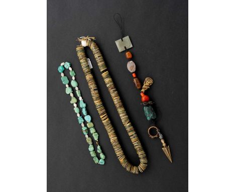 λ λ TWO NECKLACES20TH CENTURYTogether with a string of miscellaneous items, variously composed of bronze ornaments, jade, aga