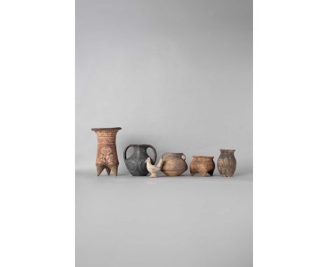 SIX CHINESE POTTERY ITEMSNEOLITHIC, HAN DYNASTY AND LATERComprising: a twin-handled black pottery amphora vessel; a tall blac