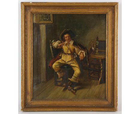 Continental School (19th century), A cavalier in a tavern, oil on canvas, indistinctly signed lower left, 29 x 25cm. FramedCo