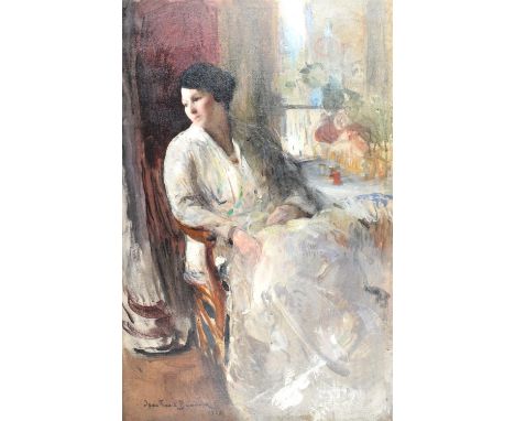 Jean-Franck Baudoin (1870-1961), Thoughts by the window: Portrait of the artist's wife, oil on canvas, signed and dated 1927 