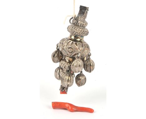 Indian silver rattle with whistle, bells and coral teether, ( coral with old repair, detached but present )