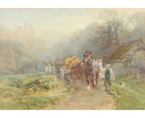 Charles James Adams (1859-1931), Carting timber on a misty morning, watercolour, signed lower right, 38 x 54cm. Framed and gl