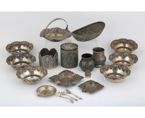 Set of six embossed silver flowerhead bowls, marked PA 800, 12cm dia. similar swing handle basket, bottle stand, covered pot,