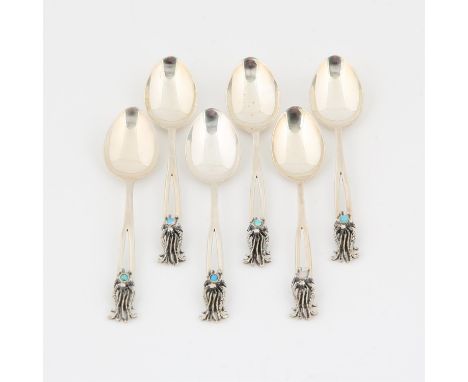 Set of six opal set ornate finial silver spoonsCondition Report:  The spoons are in good condition. They are 9.5cm long. 