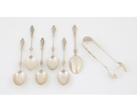 Set of George V silver Apostle finial spoon with tongs with cherubs to lower stem, 114 grams. London 1910.