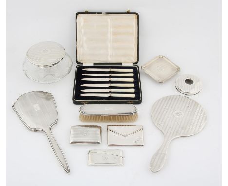 Mixed lot silver topped dressing table jars, tea knives, card cases, cigarette case and ash tray weighable silver 10.5oz 326g