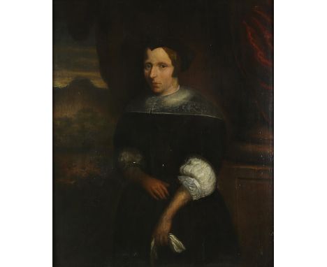 Dutch School (18th century), Portrait of a lady, three quarter length standing by a window, oil on panel, 46 x 38cm. FramedCo