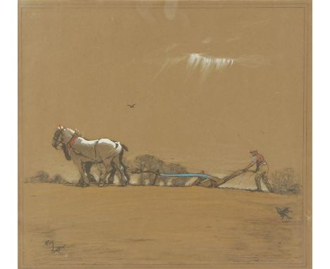 After Cecil Aldin, Plough Team, lithograph with hand colouring, signed in the plate, 30 x 33cm. Framed and glazed.Condition R