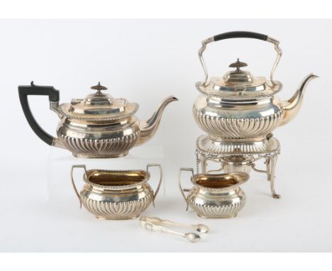 Edward VII Elkington & Co silver four piece tea service, comprising compressed oval fluted, tea pot, tea kettle on stand with