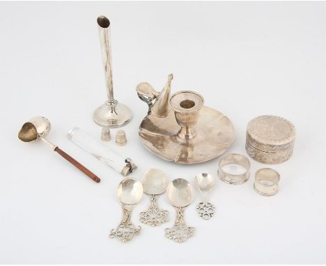 Collection of small silver items by John Edward Boul to include chamber stick, decorative spoons and other items, various dat