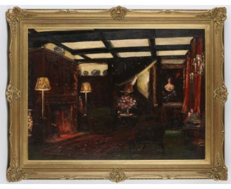 Joseph Edward Homerville Hague (act. 1885-1903), Tudor Style interior with flowers and painting, oil on canvas, signed lower 