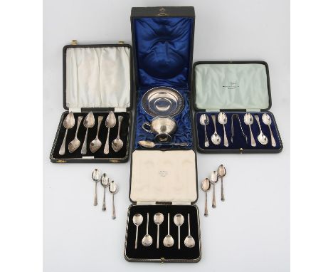 German 800 standard silver cup, saucer and spoon cased, cased set of Walker & Hall tea spoons and sugar tongs, six sterling s