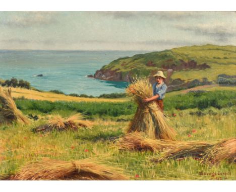 Savage Cooper (1861-1943), A coastal landscape with harvester stacking corn stooks, oil on board, signed and dated 1912 lower