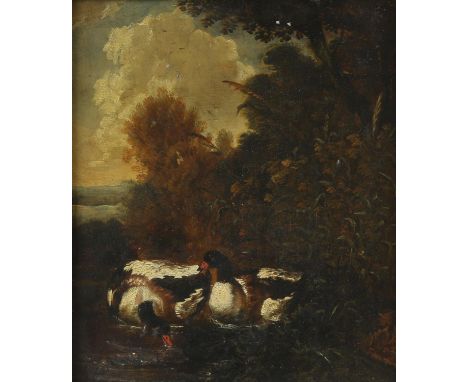 Manner of Melchior de Hondecoeter, Ducks at the edge of a pond, oil on panel, 26 x 22cm. FramedCondition Report:  Opaque varn