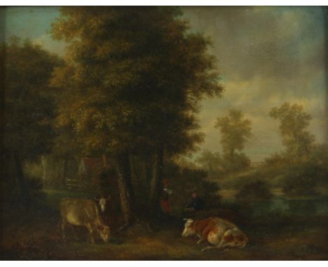 Circle of Aelbert Cuyp, Cattle and drovers in a wooded clearing, oil on panel, 24 x 29cm. FramedCondition Report:  No visible