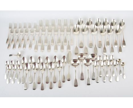 Harlequin set of crested fiddle pattern flatware to include 12 table forks by Chawner & Co, London 1842, 11 side forks by Mar