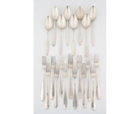 Mixed lot of 19th century Belgian silver and white metal table forks and spoons, various marks, total weight 984gm