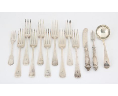 AMENDED DESCRIPTION Seven old English pattern table forks, London 1903, two other table forks, a ladle, tea knife and fork an