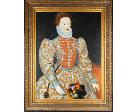 Modern painting After 'Unknown Continental Artist c.1575), Portrait of Queen Elizabeth I, oil on canvas, 100 x 75cm. FramedTh