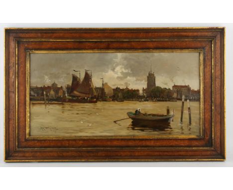 Archibald Webb (British exh. 1886-1892), A riverside town, with boats, oil on canvas, signed and dated 1889 lower left, 31 x 