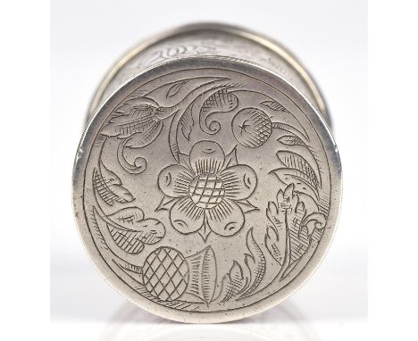 Charles II round box with cover, foliate engraving and with the initials E K to the base, marked for William Rainbow inside t