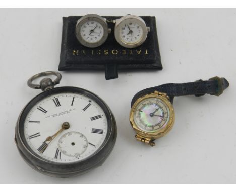 A late Victorian silver pocket watch by Langon Davies & Co, together with a gold plated cocktail watch on a black leather str