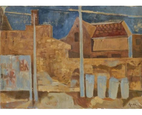 Albert Knoke1896 Heiningen - 1960 Hannover - "Hinterhof mit Blick auf Häuser" - Öl/Lwd. auf Hartfaserplatte. 50,3 x 68,5 cm. 