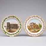 2 unterschiedliche Ansichtenteller: Porta Nigra und Ruine der Kaisertherme, Trier. Um 1840.