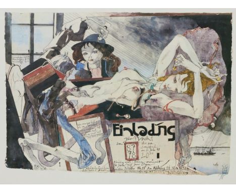 Horst Janssen1929 Hamburg - 1995 Hamburg - "Einladung zur Nacht" - Farboffset/Papier. 40,5 x 57,5 cm, 48 x 65 cm (Blattmaß). 