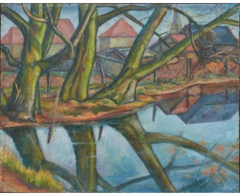 Georg Muche1895 Querfurt - 1987 Lindau - Bauernhaus mit Bäumen und Weiher - Öl/Karton. 29,8 x 37,2 cm. Undeutl. bez. oder sig