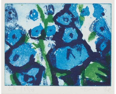 Klaus Fussmann1938 Velbert/Rheinland - lebt in Berlin und Gelting - "Rittersporn" - Farbige Aquatintaradierung/Papier. 26/150