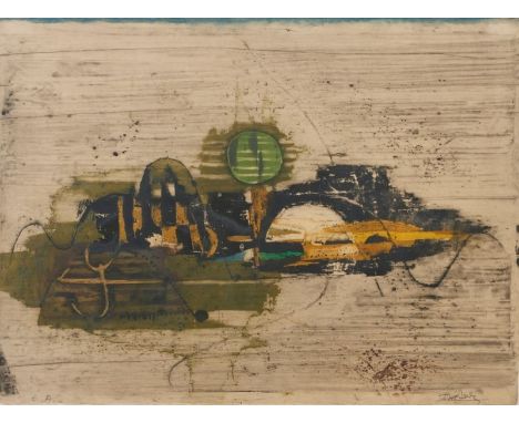 Johnny Friedlaender1912 Pleß - 1992 Paris - Komposition - Farbige Aquatintaradierung/Papier. E. A. 57 x 76 cm (Druck- und Bla