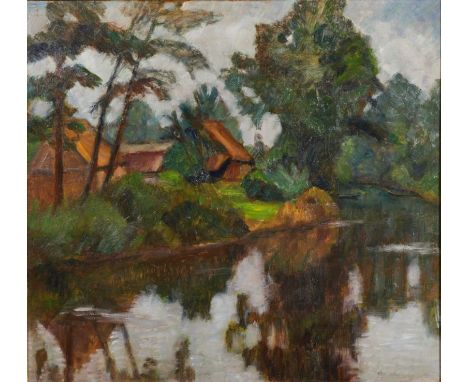 Otto Modersohn1865 Soest - 1943 Rotenburg - "Fischerhuder Häuser an der Wümme" - Öl/Malpappe auf Holz. 73,5 x 80 cm. Sign. r.