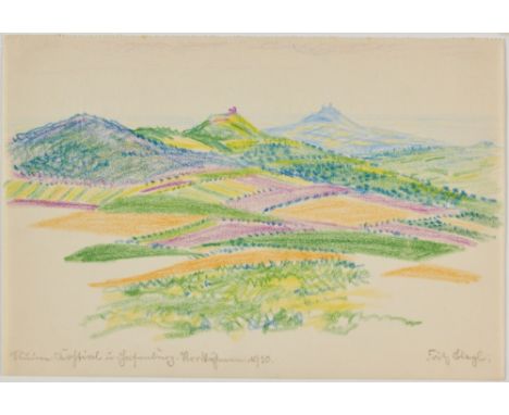 Fritz Bleyl1880 Zwickau - 1966 Bad Iburg - Bergige Landschaft mit Burgen - Buntstifte/Papier. 15 x 21 cm. Sign. r. u.: Fritz 