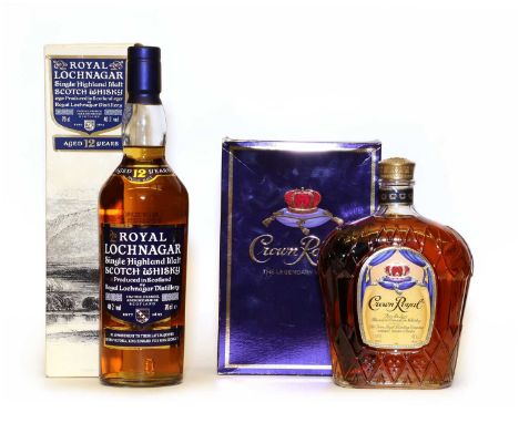 Royal Lochnagar, Single Highland Malt Scotch Whisky, Aged 12 Years, 40% vol., 70cl, one bottle and Crown Royal, Deluxe Canadi