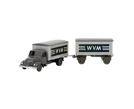   WIKING Magirus WVM, alter Koffer-LKW mit Anhänger 1961-62,  LKW und Anhänger mit basaltgrauer Kabine und Dach, silbergrauem