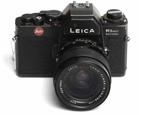 LEICA R3 MOT ELECTRONIC SLR CAMERA
numbered 1508441, made in Portugal, in black, fitted with Leitz Vario-Elmar-R 1:3.5/35-70m