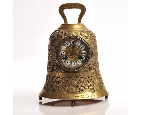 NINETEENTH CENTURY BRASS BELL DESIGN DESK CLOCK
signed "EP" two train movement striking on a coiled gong, the 4 inch gilt and