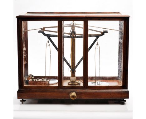 LARGE EARLY TWENTIETH CENTURY SCIENTIFIC BRASS SCALES BY OERTLING, LONDON housed within in a glazed mahogany case, 57cm x 70c