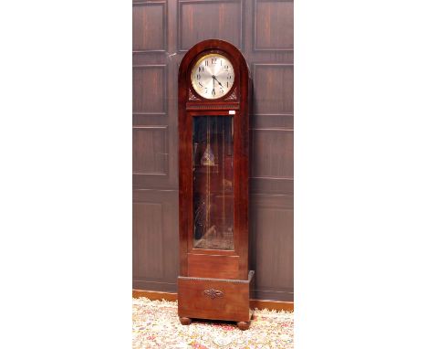 EARLY TWENTIETH CENTURY LONGCASE CLOCK
the unsigned weight driven movement striking on gongs, the silvered 11 inch dial with 