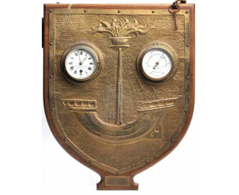 UNUSUAL MAHOGANY AND BRASS GALLEY OF LORN WALL CLOCK AND ANEROID BAROMETER
circa 1939, by Christie & Wilson, Glasgow, the clo