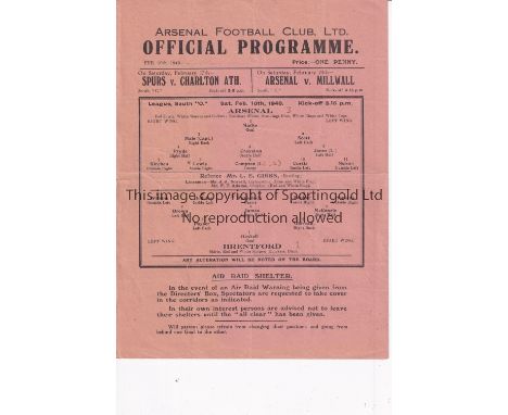 ARSENAL    Single sheet home programme v. Brentford 10/2/1940 League South, very slightly creased and scores entered.     Gen