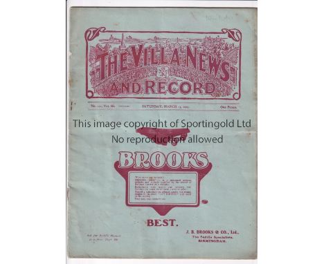WOOLWICH ARSENAL      Programme for the away League match v Aston Villa 13/3/1909, slightly creased and rusty staples.    Gen