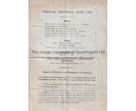 ARSENAL      Report of Directors and Statement of Account for year ending 31/5/1934, Championship season. Usual folds.     Ge